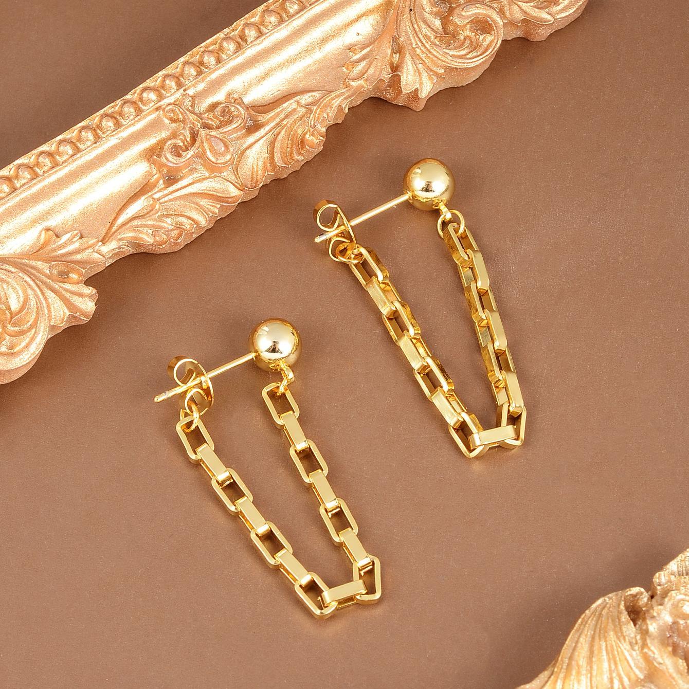 Women's Luxury Geometric Square Chain Drop Earrings with Golden Ball Studs